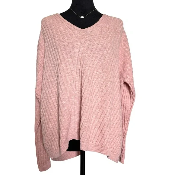 Eileen Fisher Medium Pink Ribbed Organic Cotton Long Sleeve V-neck Sweater - Picture 3 of 9